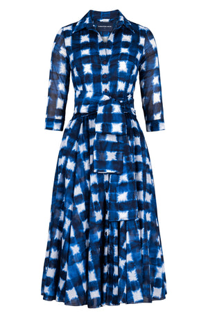 Aster Dress Shirt Collar 3/4 Sleeve Midi Length Cotton Musola (Shibori Gingham)