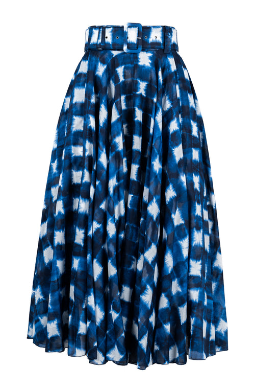 Aster Skirt #1 with Belt Midi Length Cotton Musola (Shibori Gingham)