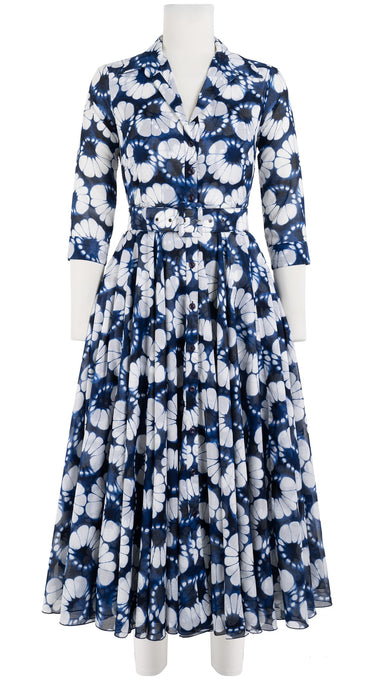 Aster Dress Shirt Collar 3/4 Sleeve Midi Length Cotton Musola (Shibori Lotus)