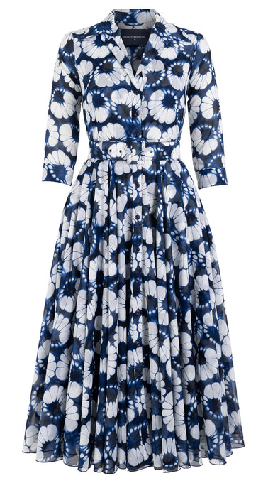 Aster Dress Shirt Collar 3/4 Sleeve Midi Length Cotton Musola (Shibori Lotus)
