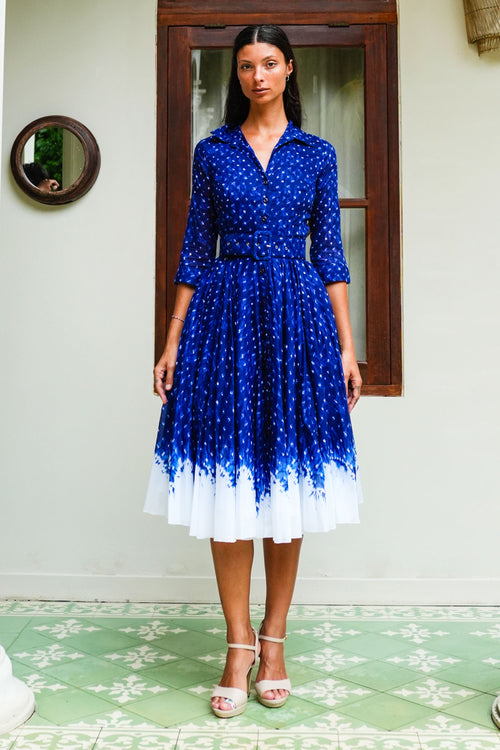 Aster Dress Shirt Collar 3/4 Sleeve Midi Length Cotton Musola (Shibori Aster Dress Shirt Collar 3/4 Sleeve Midi Length Cotton Musola (Shibori