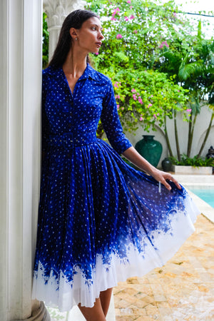 Aster Dress Shirt Collar 3/4 Sleeve Midi Length Cotton Musola (Shibori Midnight)