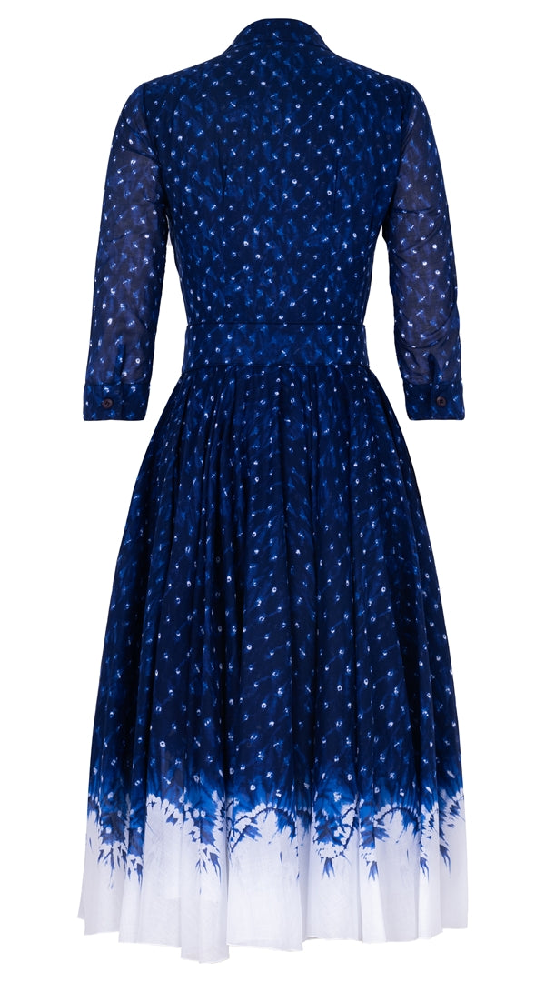 Aster Dress Shirt Collar 3/4 Sleeve Midi Length Cotton Musola (Shibori Midnight)