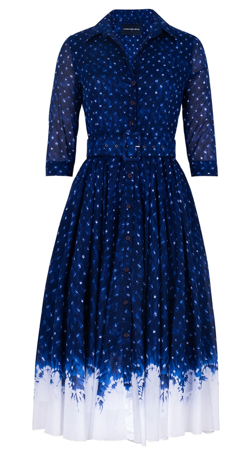 Aster Dress Shirt Collar 3/4 Sleeve Midi Length Cotton Musola (Shibori Midnight)