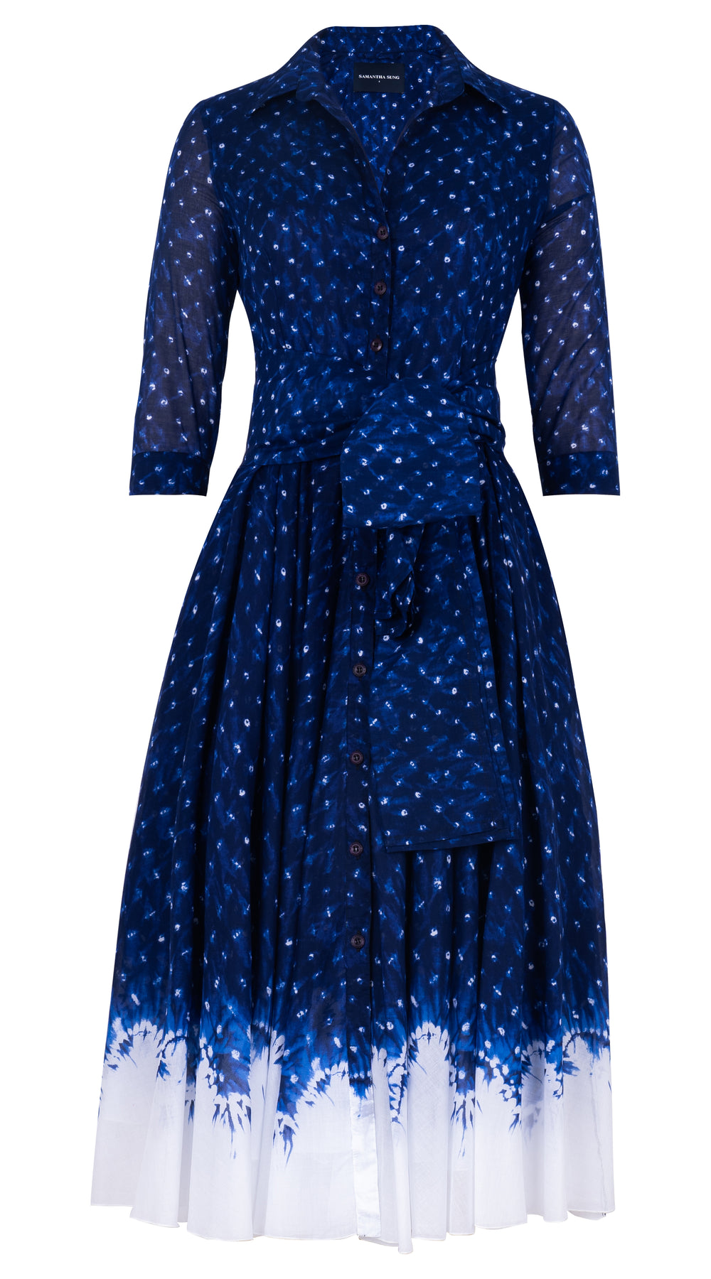 Aster Dress Shirt Collar 3/4 Sleeve Midi Length Cotton Musola (Shibori Midnight)