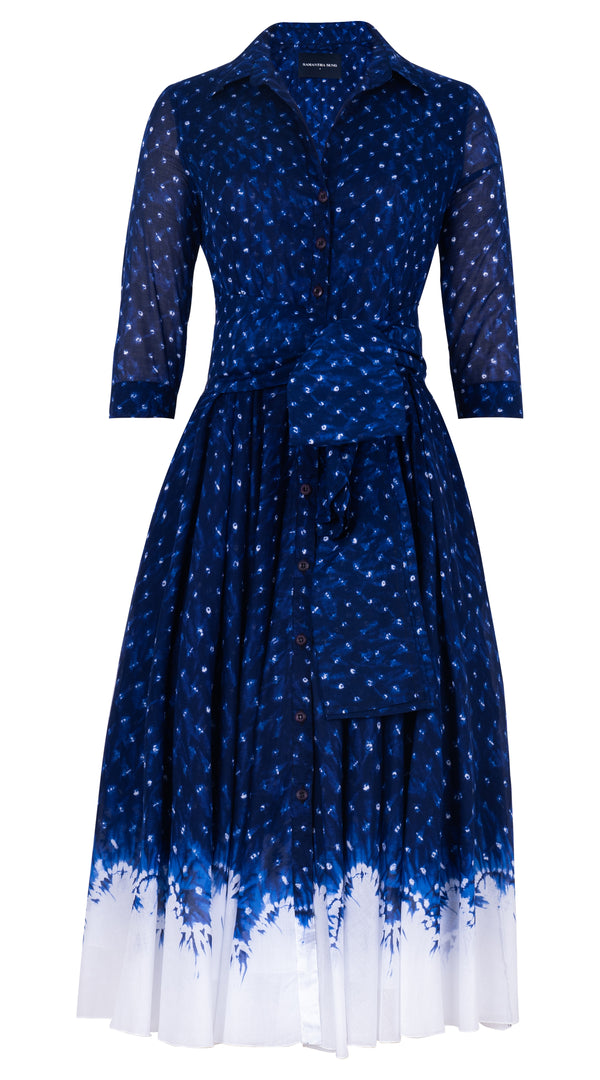 Aster Dress Shirt Collar 3/4 Sleeve Midi Length Cotton Musola (Shibori Midnight)