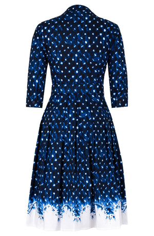 Audrey Dress #1 Shirt Collar 3/4 Sleeve Long Length Cotton Stretch (Shibori Midnight)
