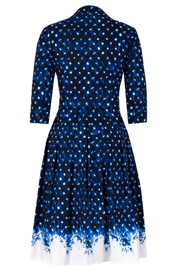 Audrey Dress #1 Shirt Collar 3/4 Sleeve Long Length Cotton Stretch (Shibori Midnight)
