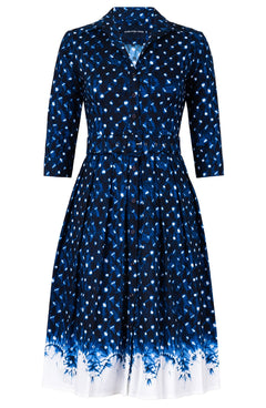 Audrey Dress #1 Shirt Collar 3/4 Sleeve Long Length Cotton Stretch (Shibori Midnight)