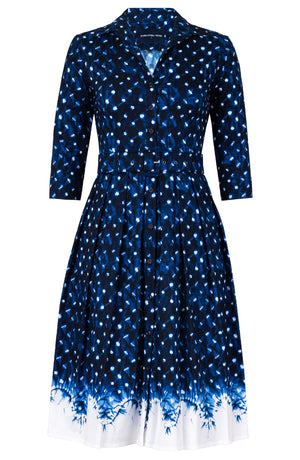Audrey Dress #1 Shirt Collar 3/4 Sleeve Long Length Cotton Stretch (Shibori Midnight)