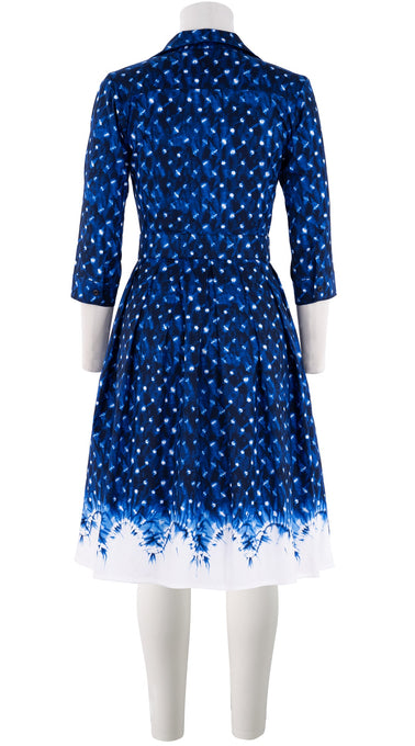 Audrey Dress #1 Shirt Collar 3/4 Sleeve Cotton Stretch (Shibori Midnight Border)
