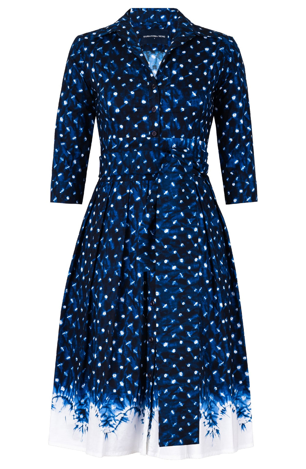 Audrey Dress #1 Shirt Collar 3/4 Sleeve Long Length Cotton Stretch (Shibori Midnight)