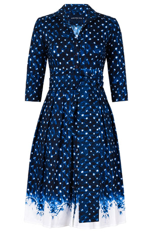 Audrey Dress #1 Shirt Collar 3/4 Sleeve Long Length Cotton Stretch (Shibori Midnight)