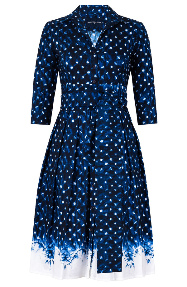 Audrey Dress #1 Shirt Collar 3/4 Sleeve Long Length Cotton Stretch (Shibori Midnight)