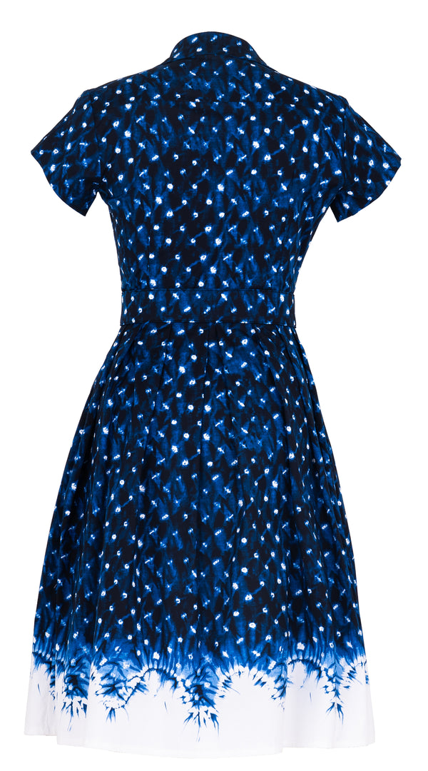 Audrey Dress #1 Shirt Collar Cap Sleeve Regular Length Cotton Stretch (Shibori Midnight)