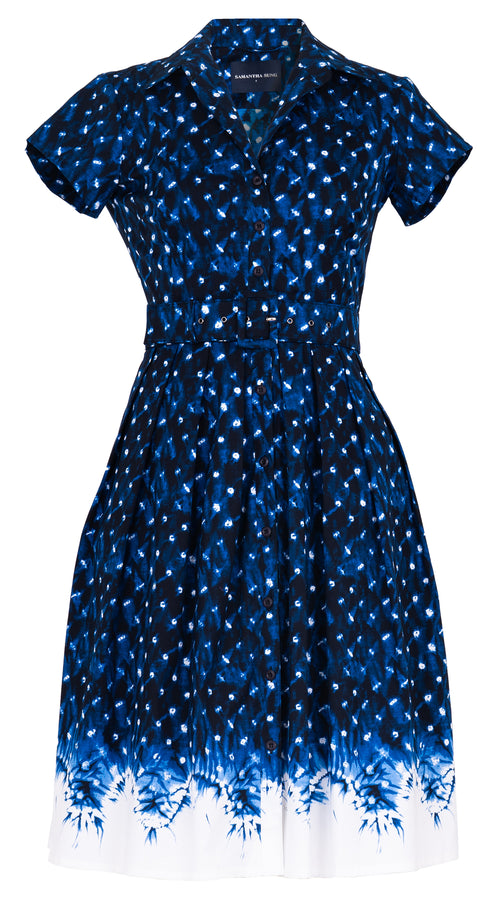 Audrey Dress #1 Shirt Collar Cap Sleeve Regular Length Cotton Stretch (Shibori Midnight)