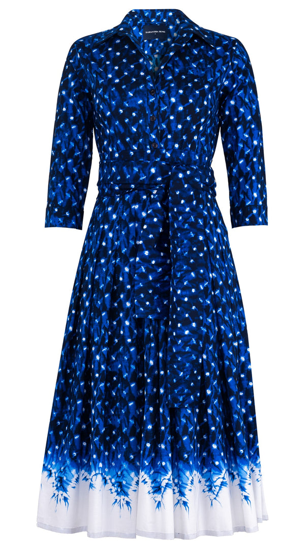 Audrey Dress #4 Shirt Collar 3/4 Sleeve Midi Length Cotton Musola (Shibori Midnight)