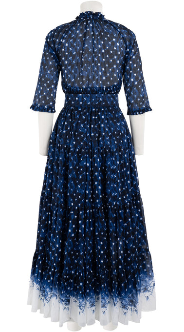 Eden Dress Crew Neck 3/4 Sleeve with Hamilton Belt Maxi Length Cotton Musola (Shibori Midnight Border)