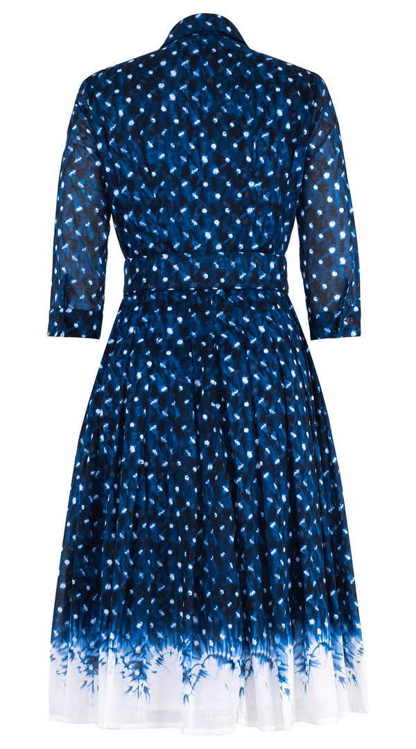 Audrey Dress #4 Shirt Collar 3/4 Sleeve Long Length Cotton Musola (Shibori Midnight)