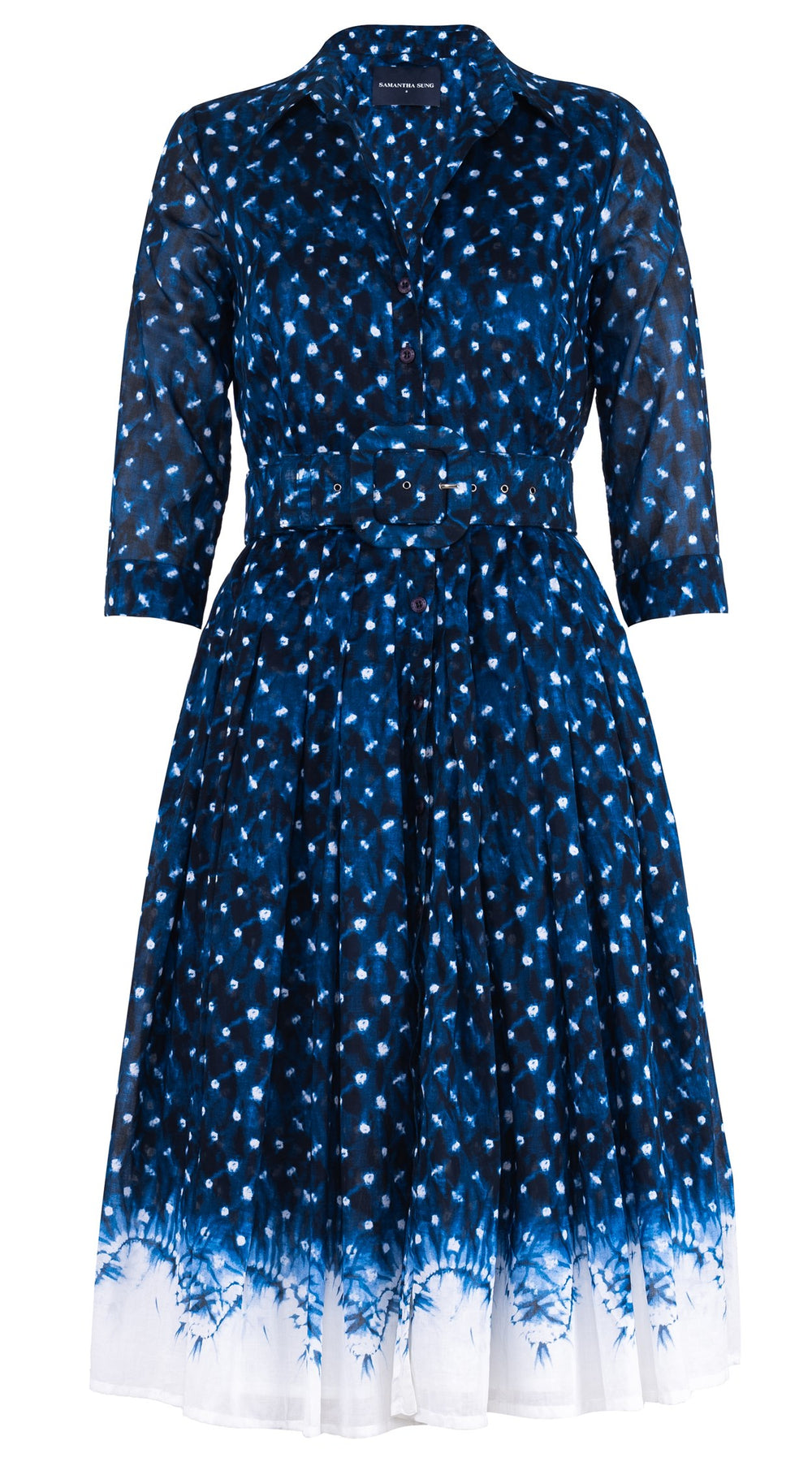Audrey Dress #4 Shirt Collar 3/4 Sleeve Long Length Cotton Musola (Shibori Midnight)