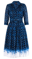 Audrey Dress #4 Shirt Collar 3/4 Sleeve Long Length Cotton Musola (Shibori Midnight)