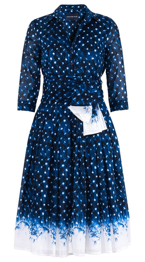 Audrey Dress #4 Shirt Collar 3/4 Sleeve Long Length Cotton Musola (Shibori Midnight)