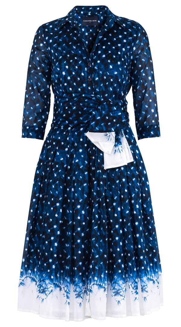 Audrey Dress #4 Shirt Collar 3/4 Sleeve Long Length Cotton Musola (Shibori Midnight)