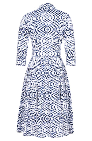 Audrey Dress #1 Shirt Collar 3/4 Sleeve Long Length Cotton Stretch (Shibori Nara Diamond)