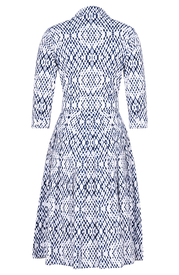 Audrey Dress #1 Shirt Collar 3/4 Sleeve Long Length Cotton Stretch (Shibori Nara Diamond)