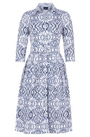 Audrey Dress #1 Shirt Collar 3/4 Sleeve Long Length Cotton Stretch (Shibori Nara Diamond)