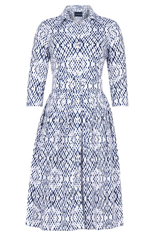 Audrey Dress #1 Shirt Collar 3/4 Sleeve Long Length Cotton Stretch (Shibori Nara Diamond)