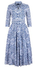 Aster Dress Shirt Collar 3/4 Sleeve Midi Length Cotton Musola (Shibori Nara Diamond)