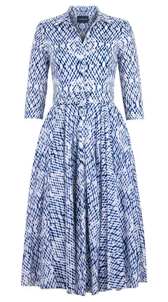 Aster Dress Shirt Collar 3/4 Sleeve Midi Length Cotton Musola (Shibori Nara Diamond)