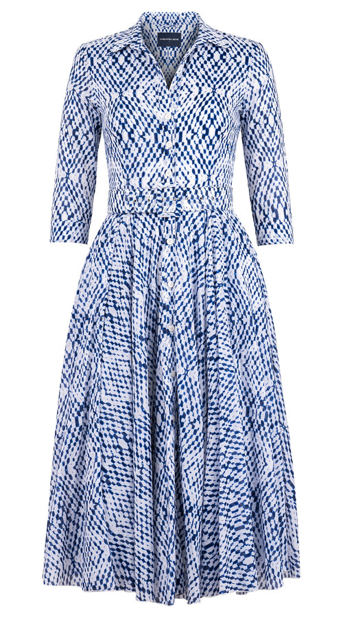 Aster Dress Shirt Collar 3/4 Sleeve Midi Length Cotton Musola (Shibori Nara Diamond)