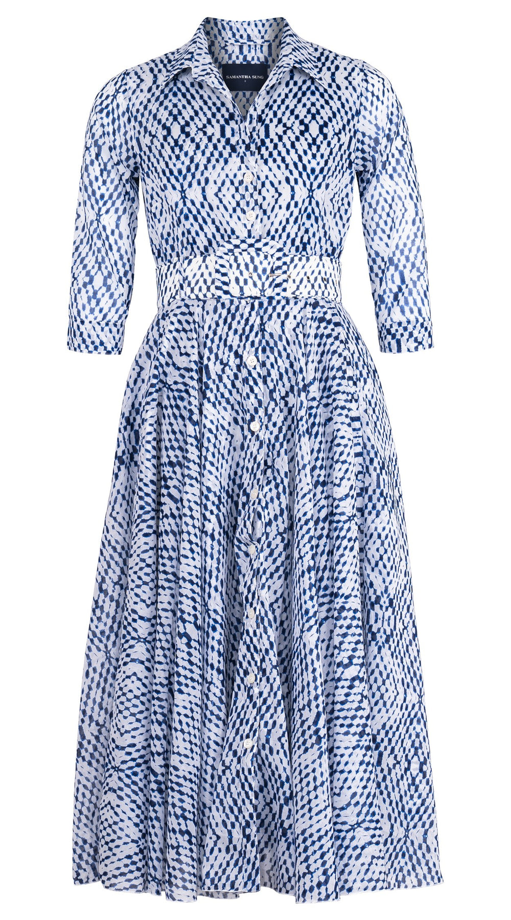 Aster Dress Shirt Collar 3/4 Sleeve Midi Length Cotton Musola (Shibori Nara Diamond)
