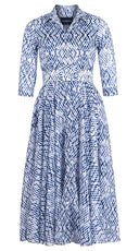 Aster Dress Shirt Collar 3/4 Sleeve Midi Length Cotton Musola (Shibori Nara Diamond)