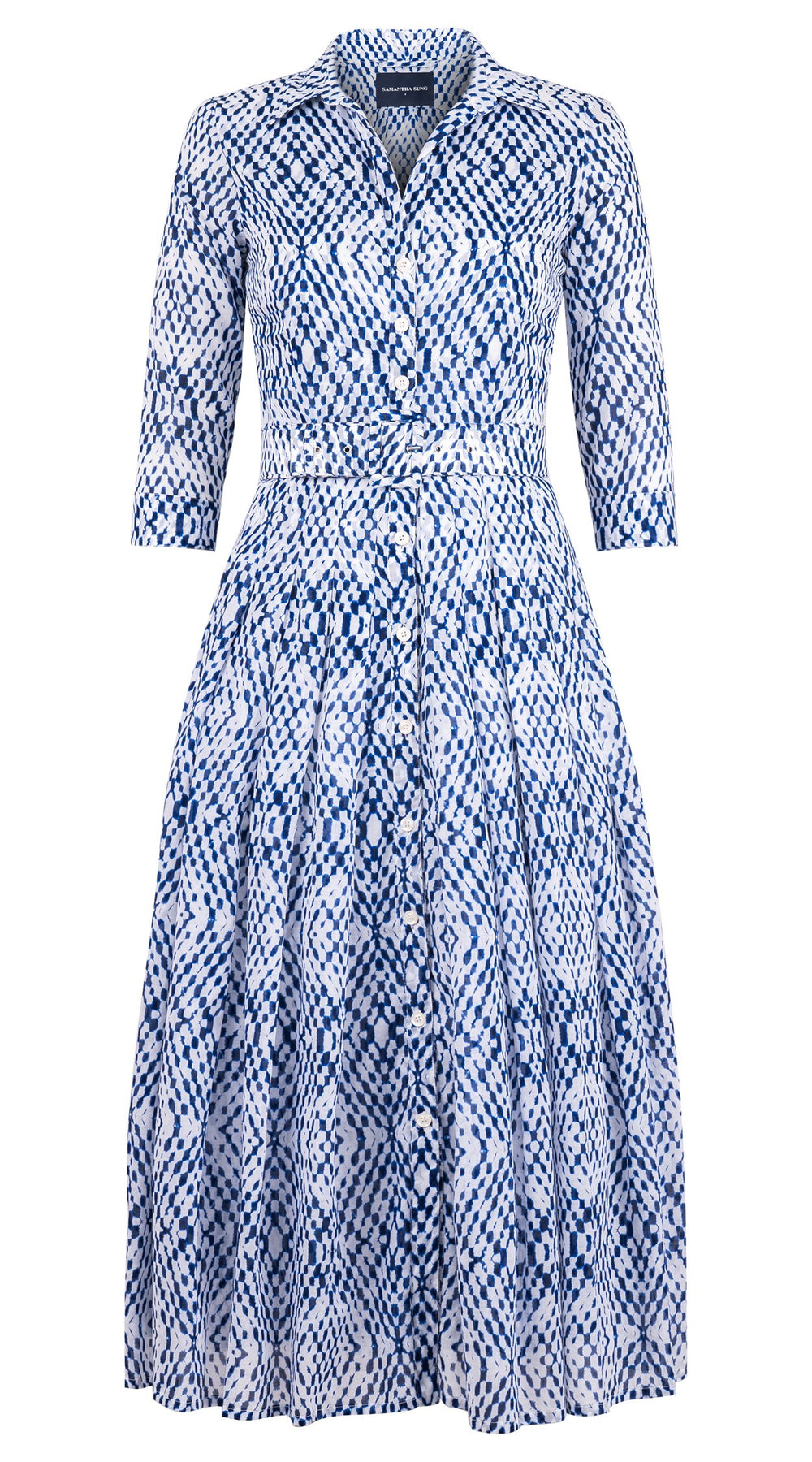 Audrey Dress #4 Shirt Collar 3/4 Sleeve Midi Plus Length Cotton Musola (Shibori Nara Diamond)