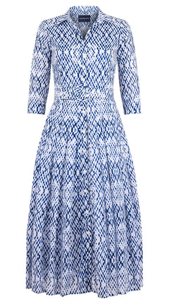 Audrey Dress #4 Shirt Collar 3/4 Sleeve Midi Plus Length Cotton Musola (Shibori Nara Diamond)