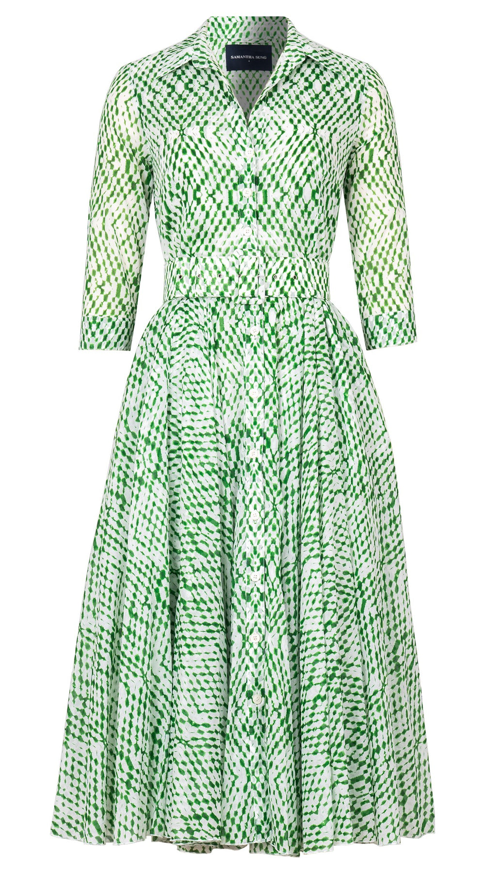 Aster Dress Shirt Collar 3/4 Sleeve Midi Length Cotton Musola (Shibori Nara Diamond)