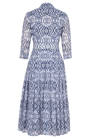 Audrey Dress #4 Shirt Collar 3/4 Sleeve Midi Length Cotton Musola (Shibori Nara Diamond)