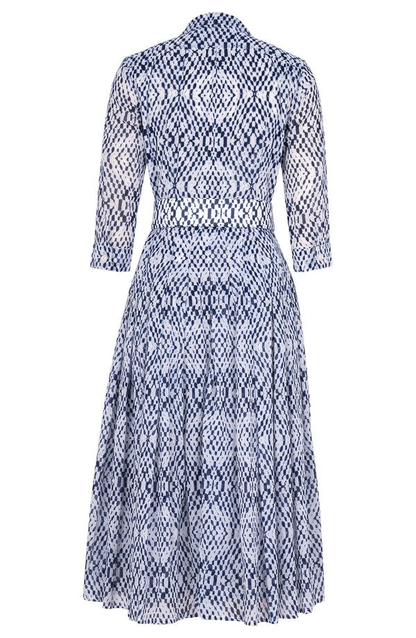 Audrey Dress #4 Shirt Collar 3/4 Sleeve Midi Length Cotton Musola (Shibori Nara Diamond)