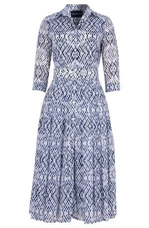 Audrey Dress #4 Shirt Collar 3/4 Sleeve Midi Length Cotton Musola (Shibori Nara Diamond)