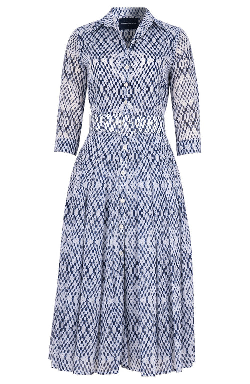 Audrey Dress #4 Shirt Collar 3/4 Sleeve Midi Length Cotton Musola (Shibori Nara Diamond)