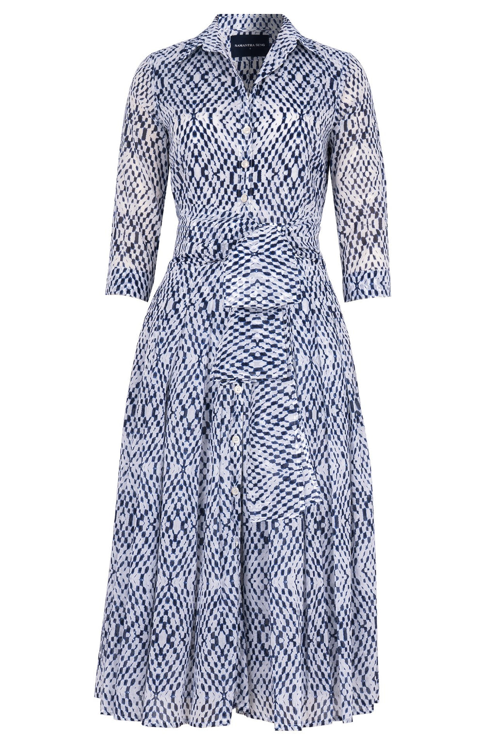 Audrey Dress #4 Shirt Collar 3/4 Sleeve Midi Length Cotton Musola (Shibori Nara Diamond)