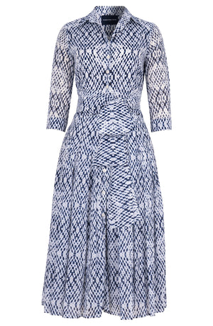 Audrey Dress #4 Shirt Collar 3/4 Sleeve Midi Length Cotton Musola (Shibori Nara Diamond)