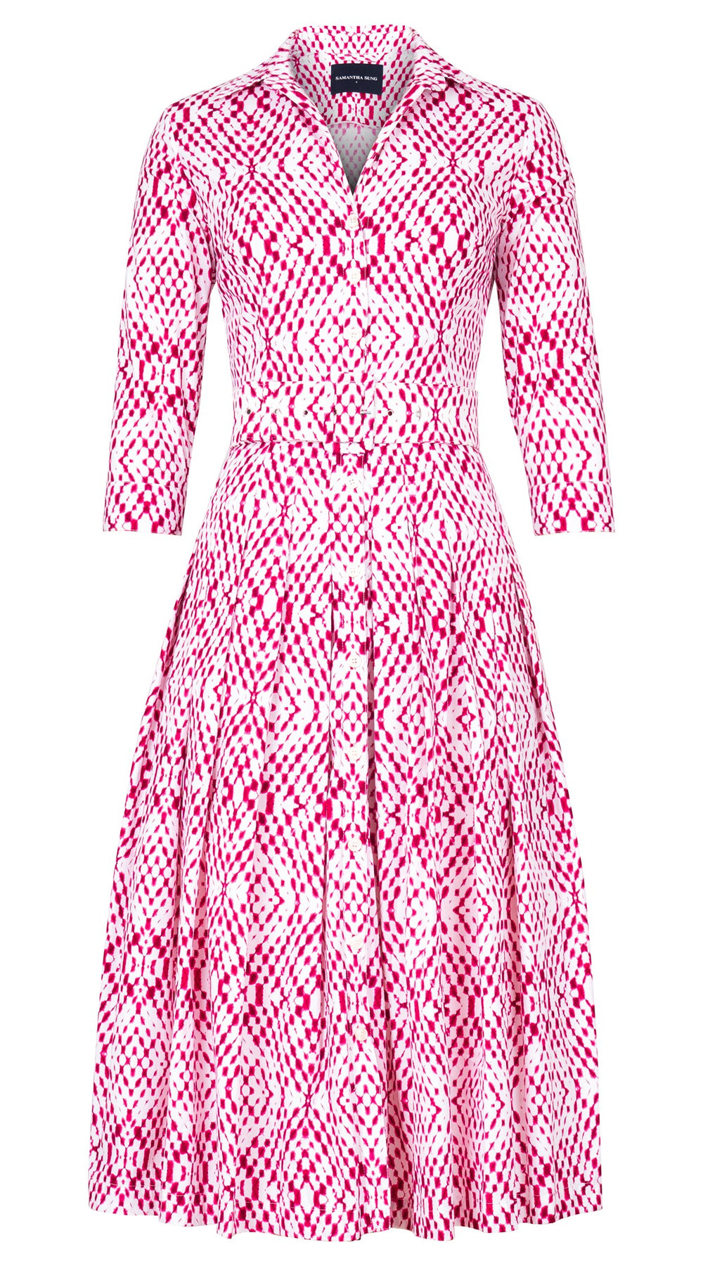 Audrey Dress #2 Shirt Collar 3/4 Sleeve Midi Length Cotton Stretch (Shibori Nara Diamond)