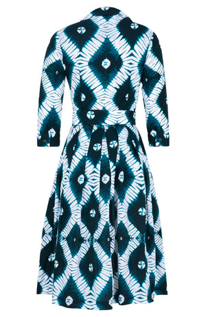 Audrey Dress #1 Shirt Collar 3/4 Sleeve Long Length Cotton Stretch (Shibori Rhombus)