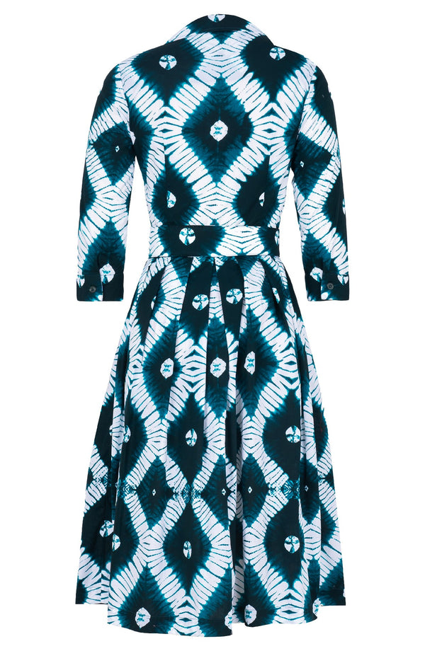 Audrey Dress #1 Shirt Collar 3/4 Sleeve Long Length Cotton Stretch (Shibori Rhombus)