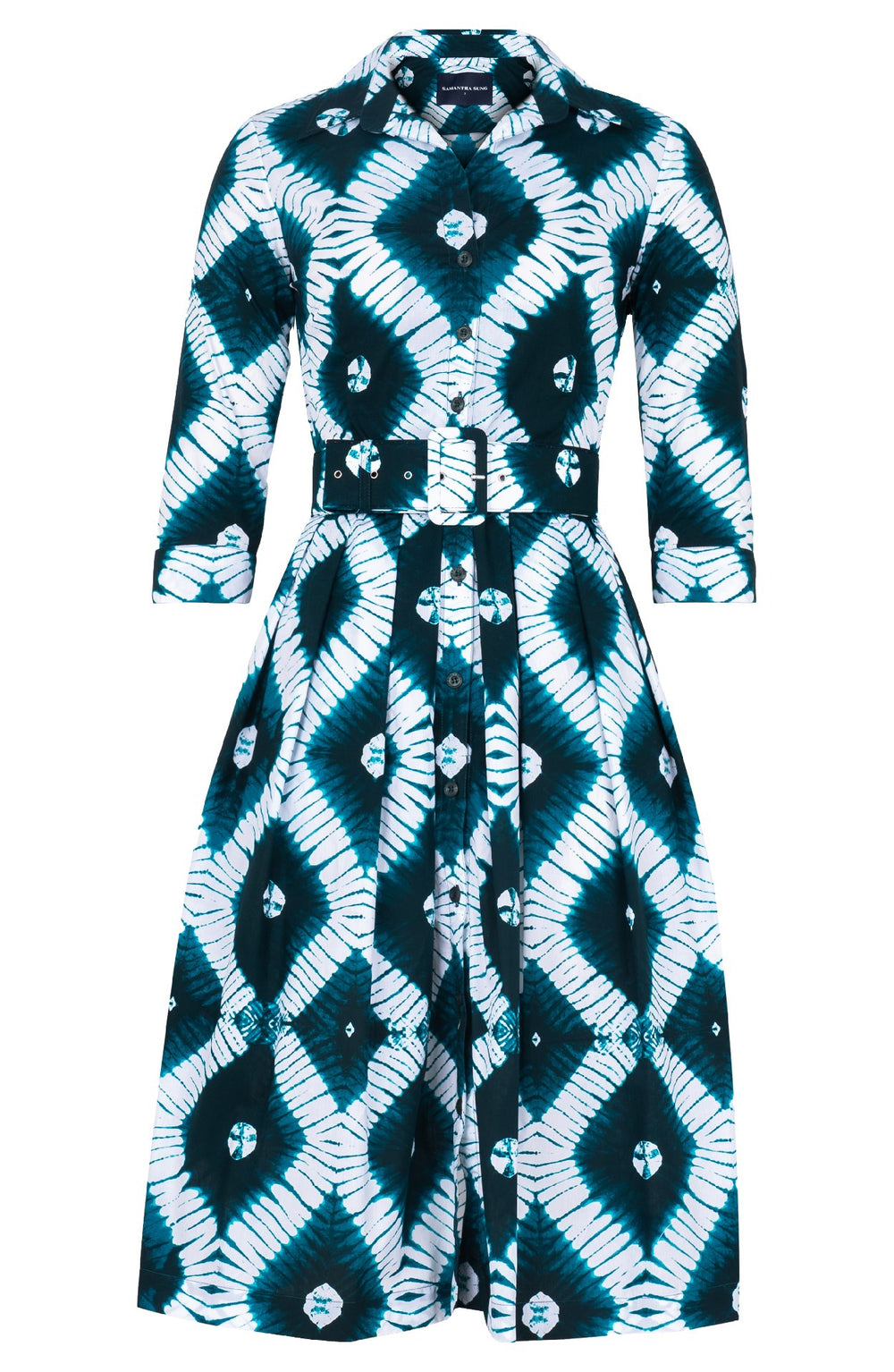 Audrey Dress #1 Shirt Collar 3/4 Sleeve Long Length Cotton Stretch (Shibori Rhombus)