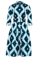 Audrey Dress #1 Shirt Collar 3/4 Sleeve Long Length Cotton Stretch (Shibori Rhombus)